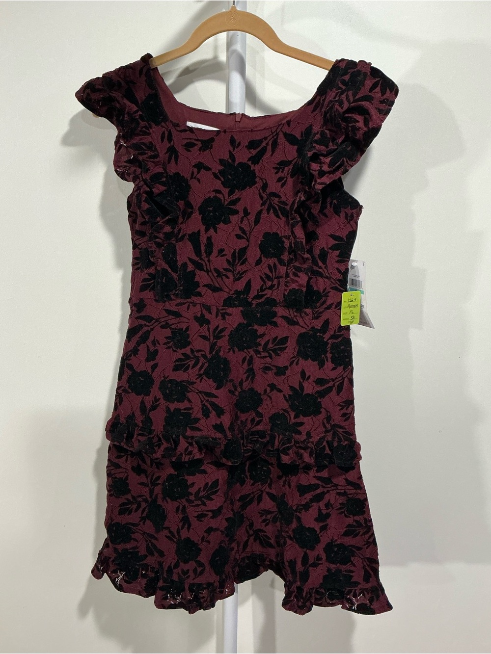 Zac Posen Burgundy Dress with Black Floral Velvet Accents